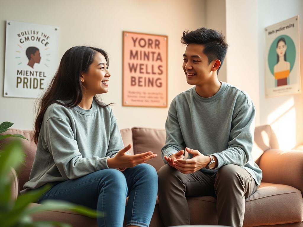 A high-resolution image depicting a warm and inviting peer counseling session between a youth counselor and a young person. The setting is a comfortable, well-lit room with soft colors, including hints of green, reflecting a calm atmosphere. The counselor, a young adult of Hmong descent, is actively listening and engaging with the youth, who appears to be sharing their thoughts and feelings. There are supportive posters on the walls that promote mental well-being and cultural pride. The focus is on the conn