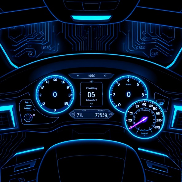 Car dashboard with circuit patterns and diagnostic elements