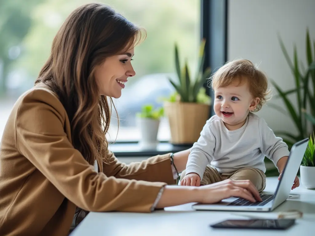 Mother Working with Baby