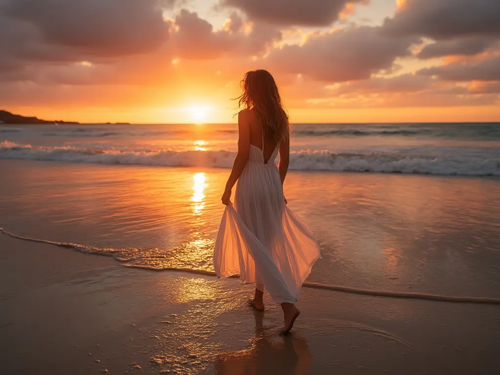 Woman Walking at Sunset Beach