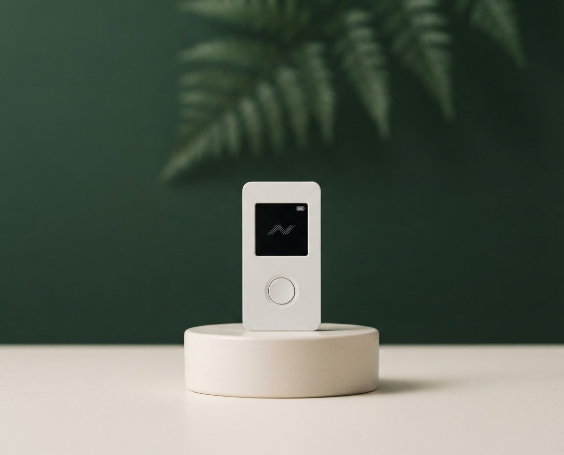 Minimalist hardware wallet device on a softly lit plinth