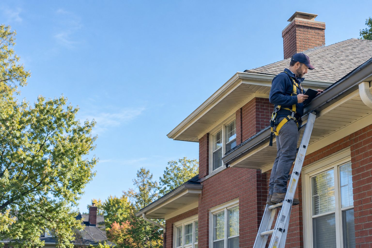 Home inspector on a ladder checking the roofline of a 1920s brick foursquare
