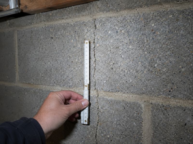 Small hairline crack in a basement foundation wall