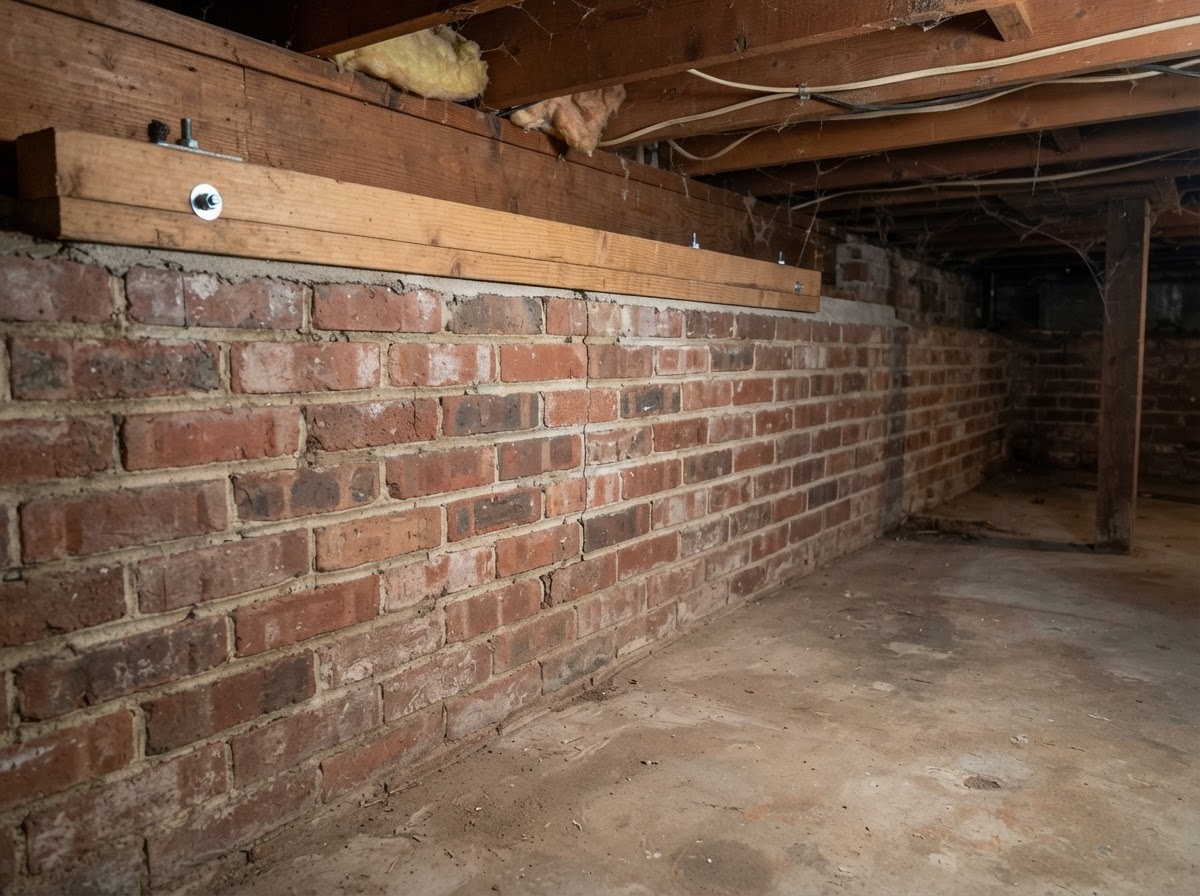 Basement foundation wall with a small hairline crack