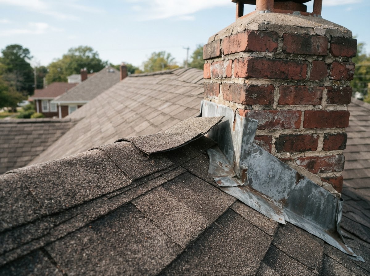 Roof shingles and flashing at a classic home