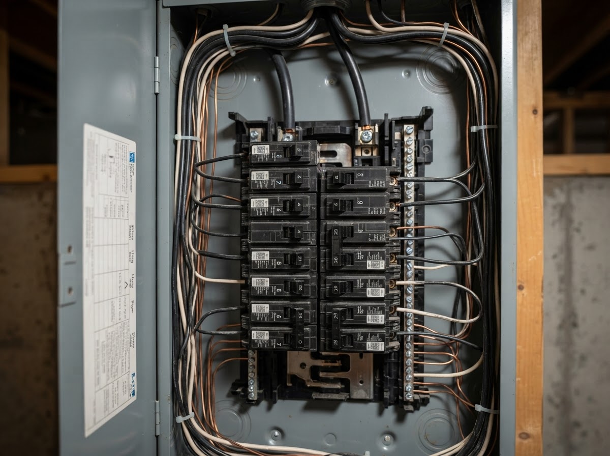 Open residential electrical panel inspected for safety