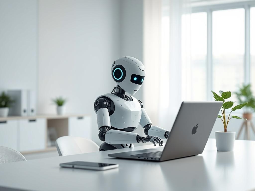 A clean and minimalistic office space with a single AI robot working on a laptop. The environment should reflect modern technology with a touch of nature, like a small plant on the desk. The background should be softly blurred to emphasize the AI robot and the workspace ambiance, with light colors that convey a sense of innovation and growth.