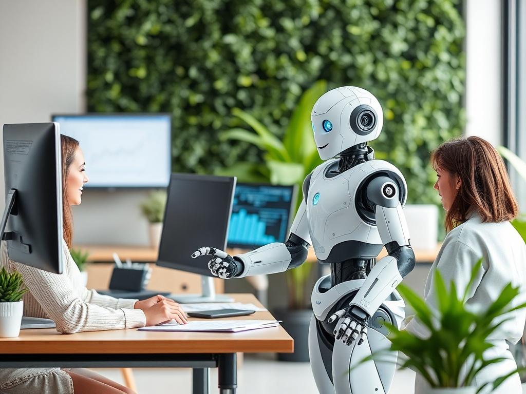 A professional and modern workspace with a high-tech AI robot assisting a small business team. The scene should showcase a clean and organized desk with computers, papers, and digital screens displaying data. The background should have greenery to emphasize a clean and green style. The robot should be depicted as friendly and efficient, engaging with the human team members.