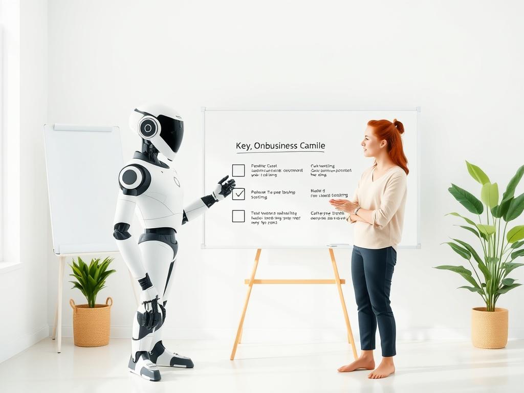 A friendly AI representative guiding a small business owner through an onboarding process. The setting should include a welcoming office space with a whiteboard displaying key onboarding steps. The AI figure should appear supportive, interacting with the business owner, who looks engaged and ready to learn. The environment should be bright and airy, reflecting a clean and green aesthetic.