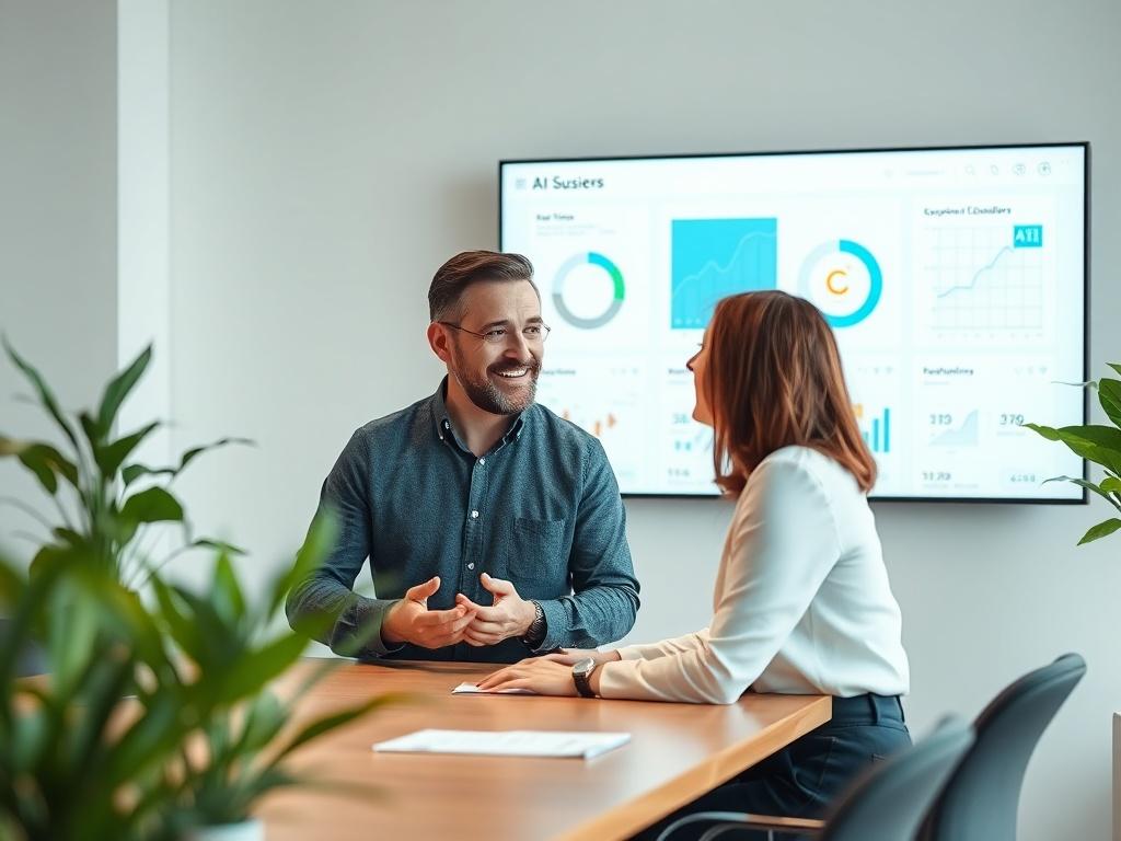An engaging meeting between a small business owner and an AI consultant discussing customized AI solutions. The setting should be a modern conference room with a large screen displaying AI analytics and diagrams. Both individuals should appear excited and involved in the conversation, emphasizing collaboration. The room should feature natural elements like plants to convey a clean and green atmosphere.