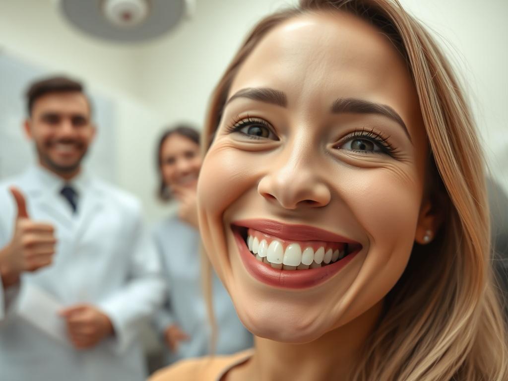 A close-up of a smiling patient showcasing newly placed same-day full arch dental implants. The image captures the joy and relief on the patient's face, with the dental team in the background giving a thumbs-up. The dental office is bright and welcoming, emphasizing a positive experience. The focus is on the patient's smile, highlighting the immediate results of the procedure.