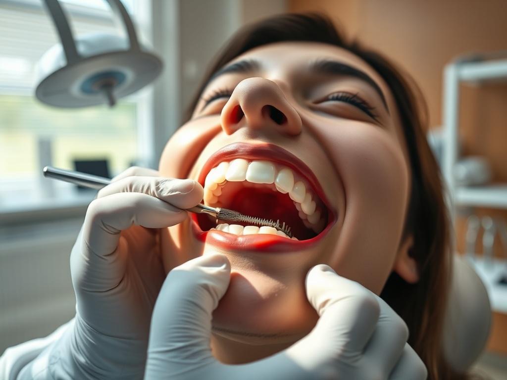 A close-up shot of a dentist's hands carefully placing a custom full arch dental implant in a patient's mouth. The setting is a modern dental office with soft, natural light illuminating the scene. The patient appears relaxed and positive, showcasing the dentist’s professionalism and care. Background elements include dental tools and equipment, enhancing the clinical environment.