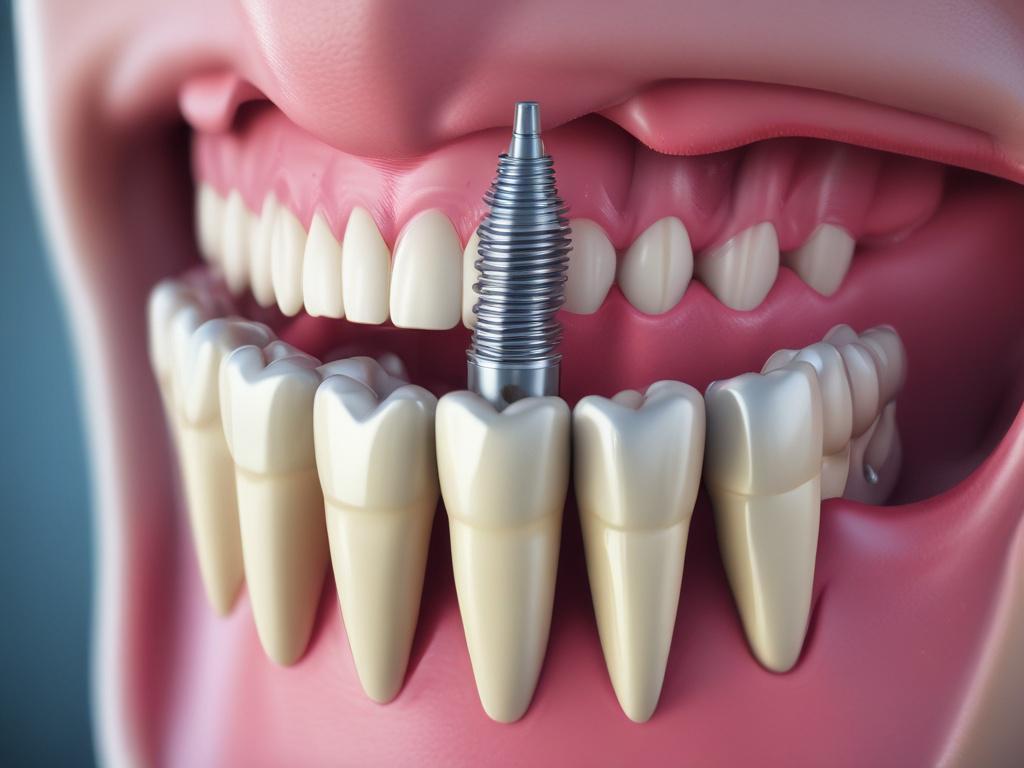 A hyper-realistic close-up photo of a dental implant in the process of being placed in a human jaw. The implant is metallic, shiny, and detailed, showing the intricate design for full arch dental implants. The background is a soft, warm tone compatible with rgb(193, 153, 87) primary color, blurred to focus sharply on the implant. The image is shot with a 45mm f/1.2 lens style, emphasizing clarity and detail in the implant and surrounding gum tissue, with natural lighting that highlights the texture and form
