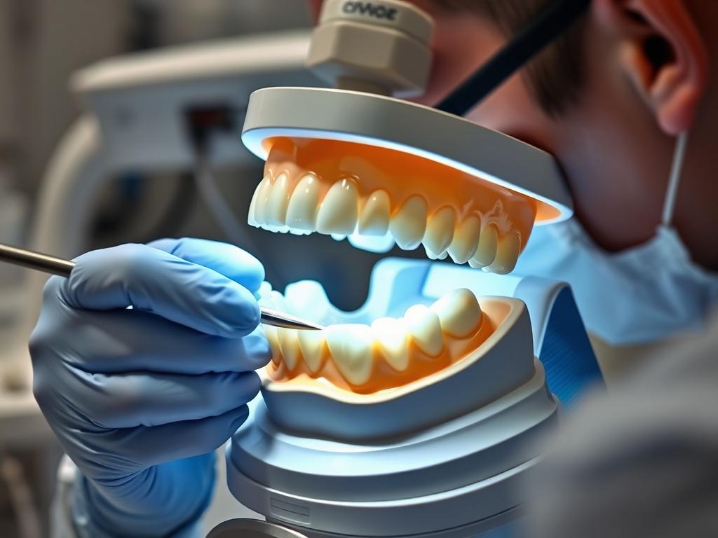 A close-up shot of a custom full arch prosthesis being crafted in a dental lab, showcasing a skilled technician at work with advanced dental tools and materials.