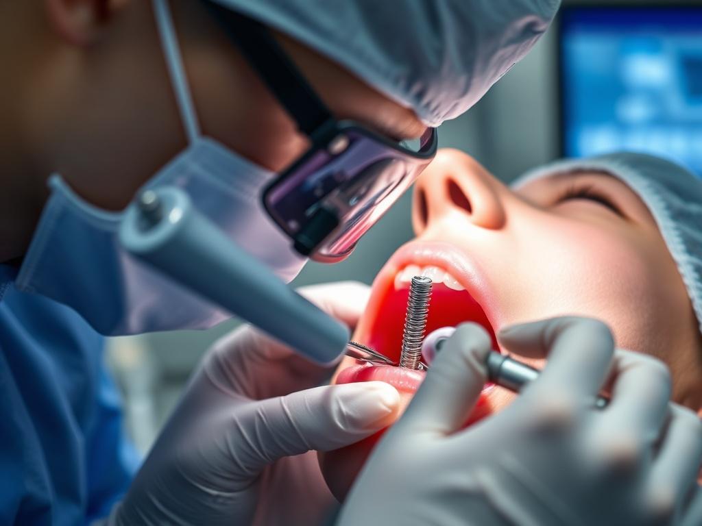 A close-up shot of a dental surgeon performing an implant placement procedure, showcasing advanced dental equipment and a sterile environment, emphasizing precision and care.