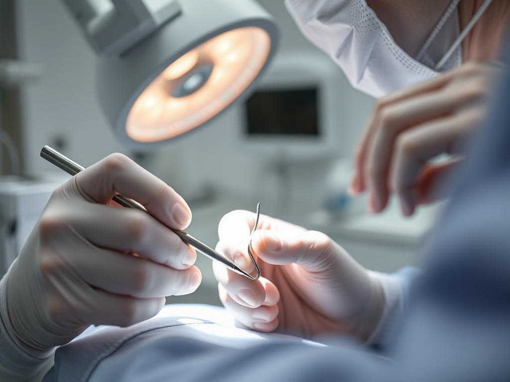 A close-up shot of a dental professional preparing for an implant surgery, with high-tech equipment and a sterile environment. The focus is on the dental tools and the professional's hands, conveying precision and care in the surgical process.