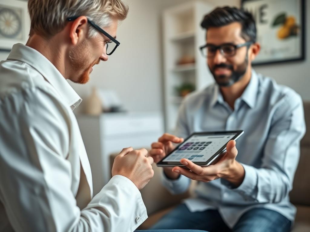 A close-up shot of a financial advisor discussing payment options with a patient in a comfortable office setting. The advisor is showing a cost calculator on a tablet, highlighting the ease of understanding financing options. The background is welcoming and professional.
