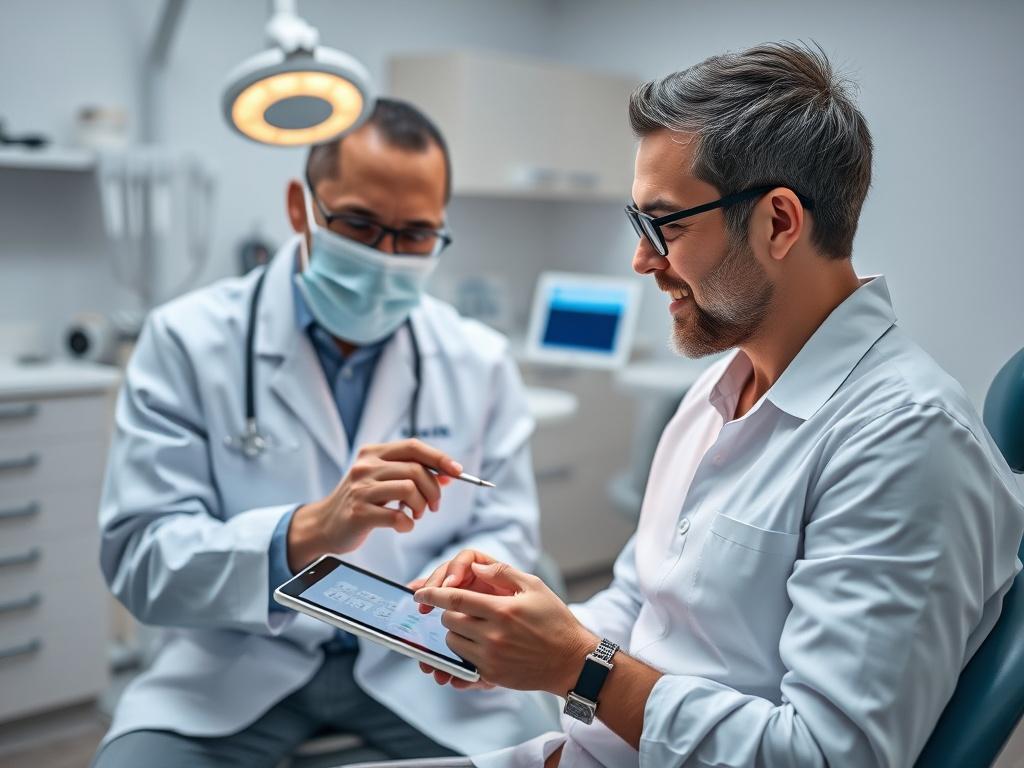 A close-up shot of a dental consultation, featuring a dentist discussing with a patient in a modern dental office. The dentist is explaining dental implant options using a digital tablet, showcasing professionalism and care. The background includes dental tools and a calming environment.