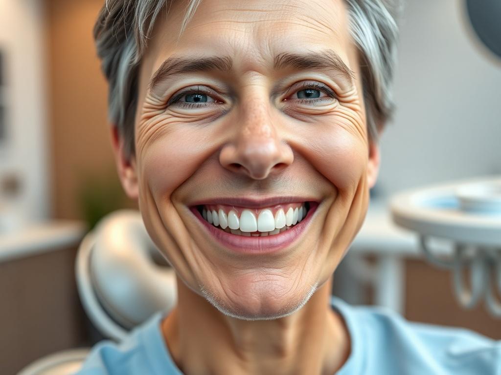 Create a realistic high-resolution image focusing solely on a close-up of a confident, smiling adult in a dental clinic setting to reflect the blog titled "The Benefits of Full Arch Dental Implants." The subject should be a middle-aged person with natural, authentic features and a bright, genuine smile, showcasing their new dental implants. The background should be softly out of focus, featuring subtle elements of a modern dental clinic, such as a clean dental chair, soft lighting, and muted colors that evo