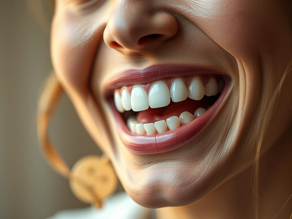 A close-up shot of a smiling patient showcasing a full arch dental implant, shot with a 45mm f/1.2 lens. The background should be softly blurred, emphasizing the patient's smile. The lighting should be warm and inviting, highlighting the details of the dental work, with a color palette in the rgb(14, 62, 83) primary color.