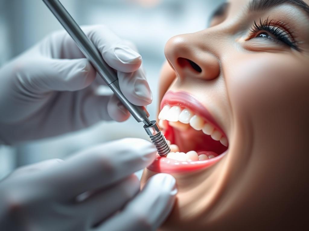 A close-up shot of a dental professional placing an implant in a patient's mouth, shot with a 45mm f/1.2 lens. The focus should be on the implant procedure, with soft lighting and a clean, clinical environment, showcasing professionalism. The background should be slightly blurred, enhancing the central focus on the procedure while incorporating the rgb(14, 62, 83) color scheme.