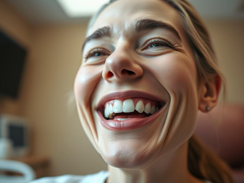 A close-up shot of a happy patient smiling broadly after receiving their full arch dental implants, shot with a 45mm f/1.2 lens. The background should be a warm, welcoming dental office setting, with the rgb(14, 62, 83) color scheme subtly present. The focus should be on the patient's beaming smile, showcasing the success of the dental implants, with soft lighting enhancing the positive mood.
