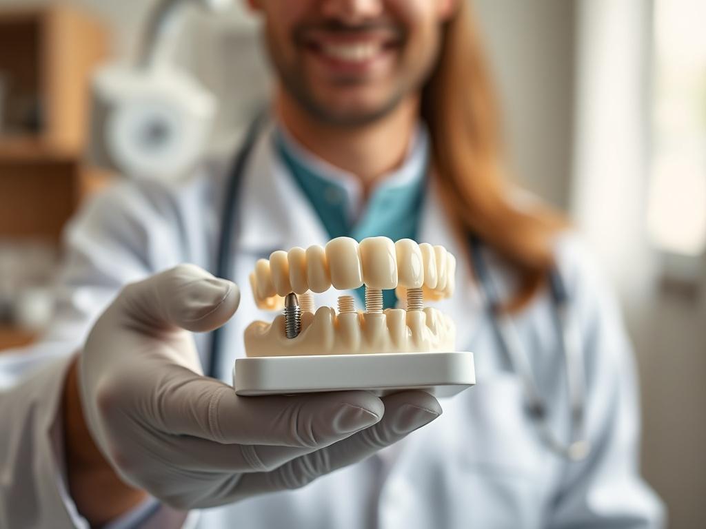 Create a realistic high-resolution photo focusing on a single subject: a close-up of a dental professional holding a model of full arch dental implants. The dental model should clearly showcase the implants, highlighting their detailed structure and design. The dental professional, portrayed as an experienced and compassionate individual, should be dressed in a clinical outfit, including a lab coat and gloves, conveying professionalism and confidence.

The background should be softly blurred to emphasize th