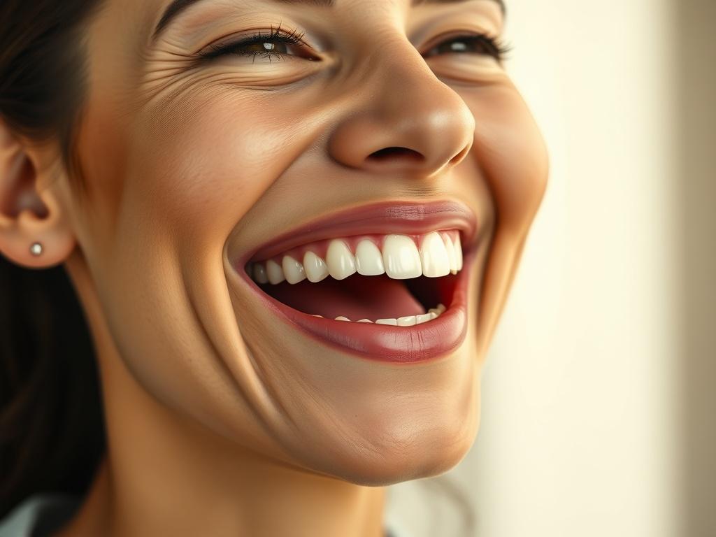 Create a highly realistic, high-resolution close-up photograph that reflects the topic of "The Importance of Full Arch Dental Implants". The main subject of the image should be a detailed, lifelike close-up of a patient smiling broadly, showcasing a complete set of beautiful, natural-looking full arch dental implants. The patient's expression should convey confidence and satisfaction, emphasizing the positive impact of the dental implants on their oral health.

The background should be softly blurred to mai