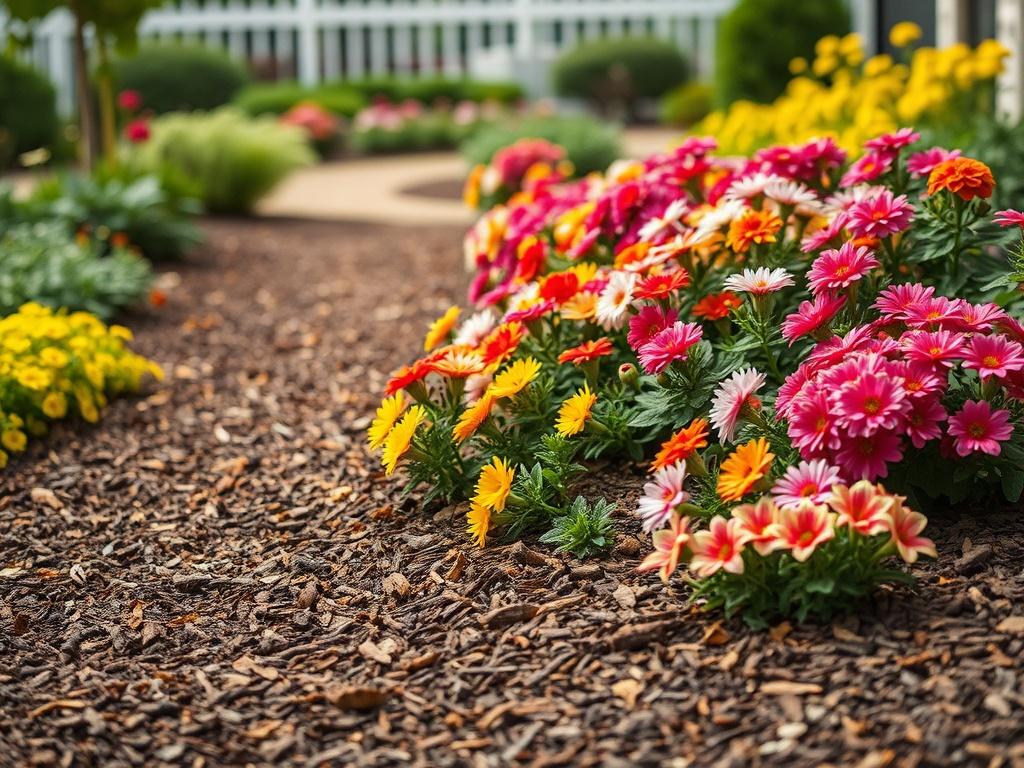 A vibrant flower bed walkway adorned with fresh mulch, featuring colorful blooming flowers in natural tones. The composition should focus on the flower bed, showcasing the rich texture of the mulch and the lively colors of the flowers. The background should include a soft-focus view of a well-maintained garden, creating a warm and inviting atmosphere.