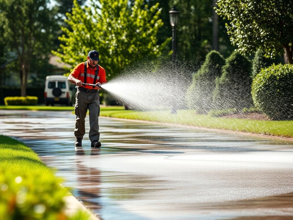 An action shot of a professional cleaning crew using pressure washers on a driveway, surrounded by greenery. The image should focus on the water spray and dirt being blasted away, highlighting the transformation of a previously stained surface. The background should feature a well-kept landscape, with trees and shrubs adding to the freshness of the scene. The lighting should be bright, emphasizing the clarity and cleanliness after the wash.
