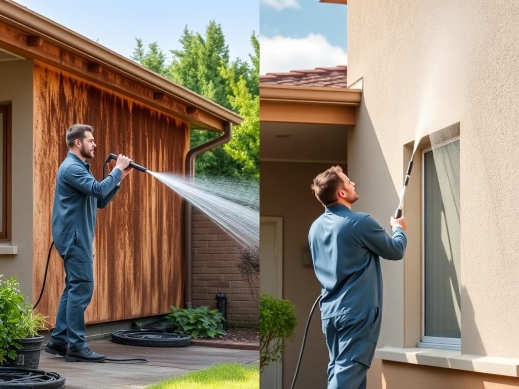 An exterior cleaning scene showcasing a professional cleaner using a