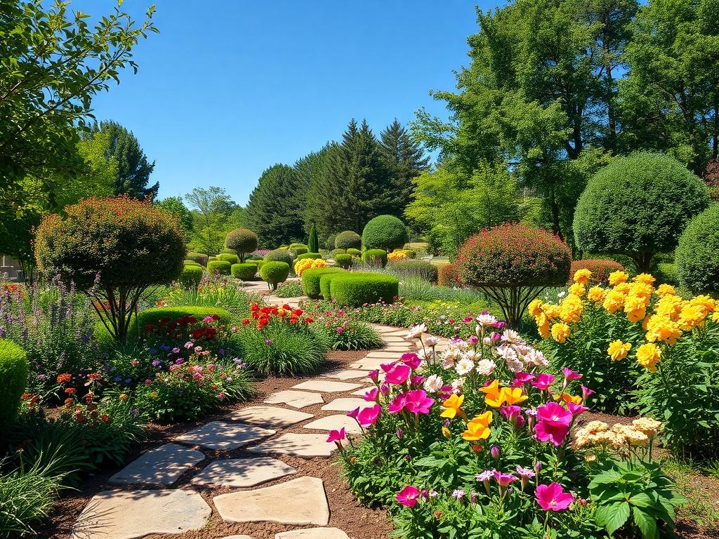 A beautifully landscaped garden featuring a variety of colorful flowers,