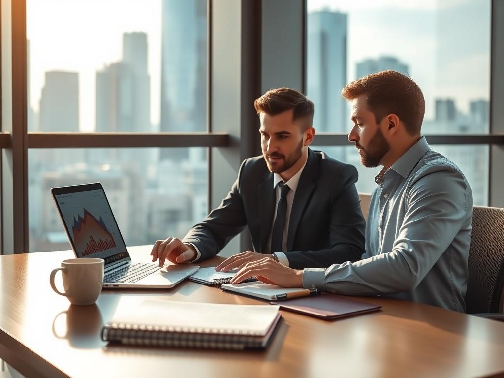 A business consultant sitting at a modern desk, analyzing growth