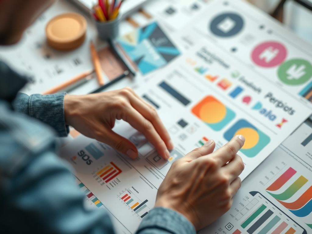 A close-up of a designer working on a branding project, surrounded by sketches and color palettes. The focus is on the designer's hands as they analyze brand elements, with a blurred background of creative tools and materials. The lighting is soft and inviting, emphasizing a modern workspace.