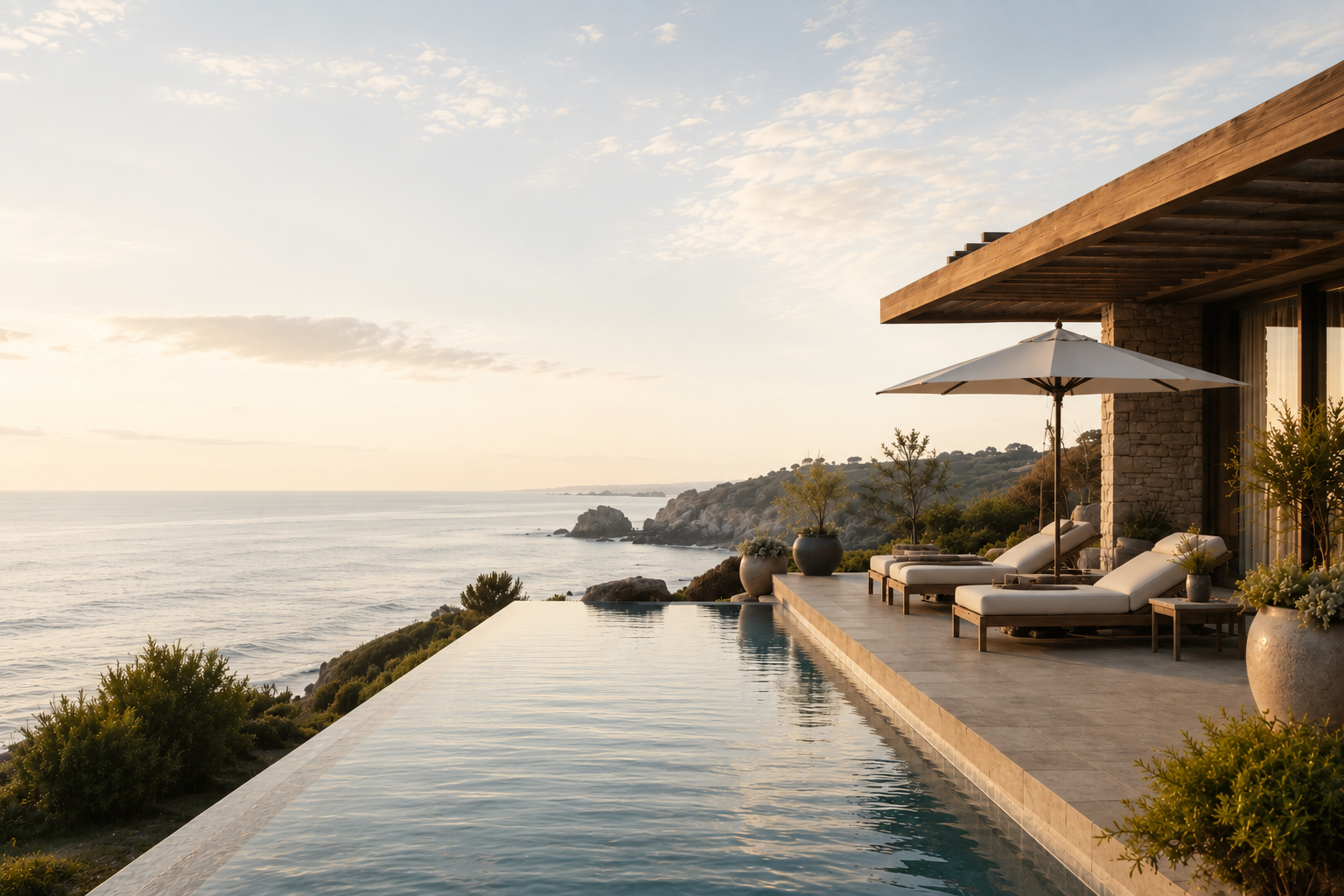 Luxury coastal hotel property at golden hour
