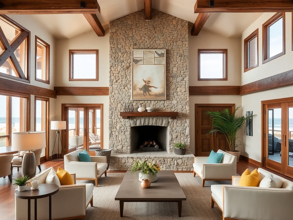 Rustic boutique hotel lobby with stone fireplace and ocean views
