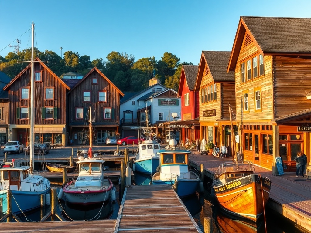 Weathered timber storefronts along the harbor with fishing boats