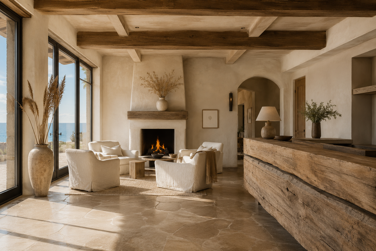 Hotel lobby with elegant furnishings and natural light