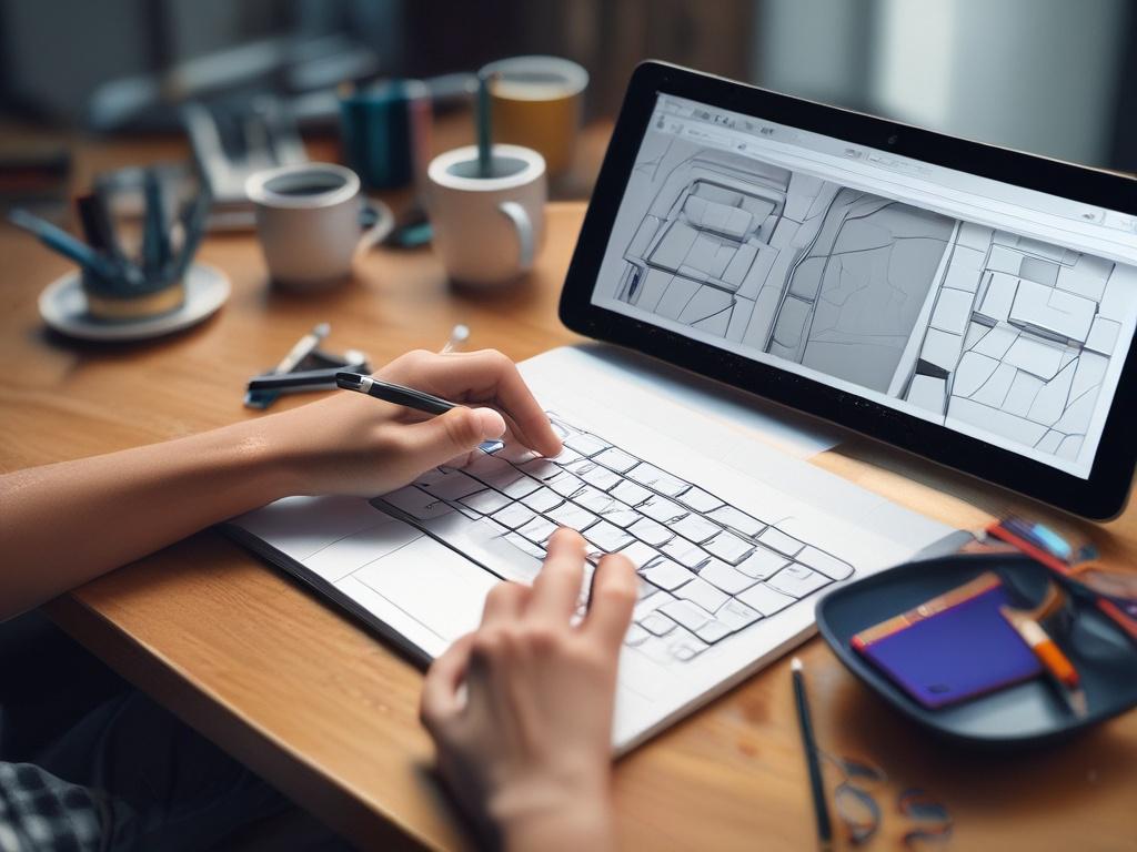 A hyper-realistic, close-up shot of a designer's hands working on a digital graphics tablet, creating a vibrant logo design on the screen. The composition is simple and clear, focusing on the tablet and stylus, with a blurred modern workspace background. The image is shot with a 45mm f/1.2 lens style to highlight fine details and textures, using a color palette that complements rgb(2, 86, 197) as the primary color.