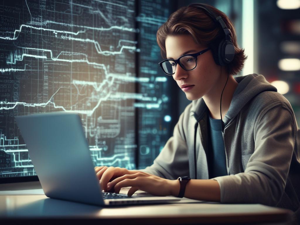 A hyper-realistic close-up photo of a focused young adult coding on a laptop, with visible lines of code and AI-related graphics on the screen. The setting is a modern tech training classroom with soft natural lighting, shot with a 45mm f/1.2 lens style. The dominant color theme incorporates rgb(2, 86, 197), emphasizing a tech-savvy and professional atmosphere.