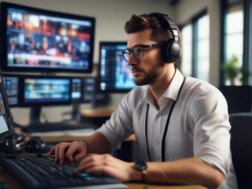 A realistic high-resolution photo of a professional video editor working intensely on a high-end computer, editing a vibrant video project. The setting is a modern studio with soft natural lighting, focusing on the editor's hands on the keyboard and the large monitor displaying video editing software. The background is blurred to keep the focus on the subject, shot in a close-up style with a 45mm f/1.2 lens effect. The color scheme complements the rgb(2, 86, 197) primary color, incorporating subtle blue ton