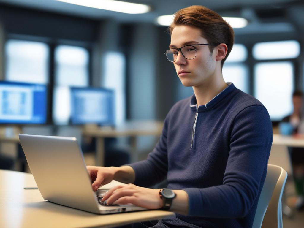 A hyper-realistic close-up shot of a focused young adult coding on a laptop in a modern classroom setting. The background shows blurred tech training materials and digital devices. The image is shot with a 45mm f/1.2 lens style, vibrant with natural light enhancing the rgb(50, 170, 39) green tones subtly reflected on the laptop and surroundings. Composition is simple and clear with the coder as the single subject.