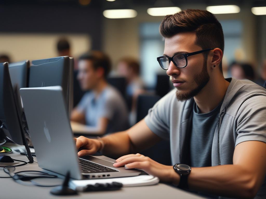A realistic high-resolution close-up photo of a focused young adult coding on a laptop during a tech training bootcamp. The subject is seated at a modern workstation with coding and AI design elements visible on the laptop screen. The background is softly blurred, depicting a professional classroom setting in Lugbe, Abuja, with natural light illuminating the scene. The photo is shot with a 45mm f/1.2 lens style to emphasize clarity and depth, matching the website's primary color rgb(2, 86, 197) subtly refle