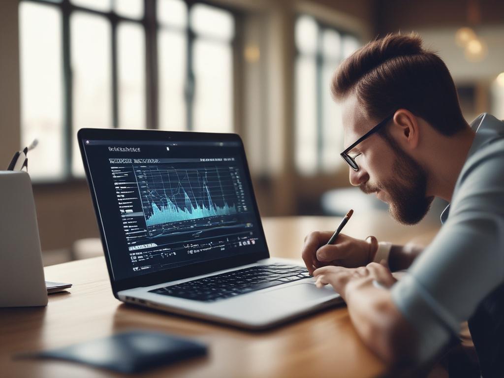 A hyper-realistic close-up shot of a young professional working on a laptop, analyzing digital marketing data on the screen. The background is softly blurred with a hint of blue tones matching rgb(2, 86, 197). The photo is taken with a 45mm f/1.2 lens style, focusing sharply on the person's hands and screen, emphasizing concentration and modern technology use.
