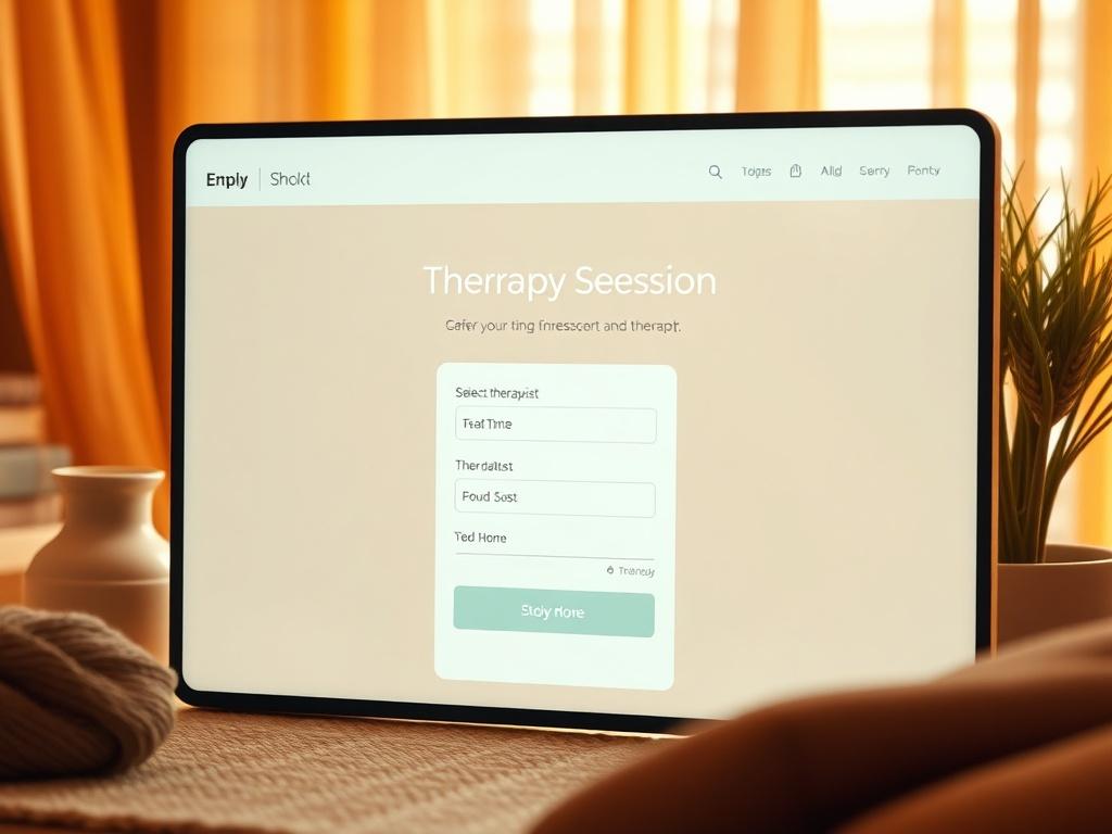 A realistic high-resolution image showing a serene and inviting therapy session booking screen. The screen displays a simple, user-friendly interface with options to choose a date and time, select a therapist, and fill in personal details. The background suggests a cozy atmosphere with soft lighting and warm hues, evoking feelings of safety and comfort. The setting has elements like a calm color palette and minimalistic design, making it easy for users to navigate. No text or abstract shapes should be inclu