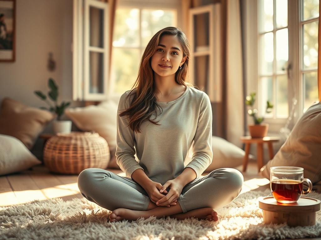 Create a realistic high-resolution photo depicting a serene setting that represents the theme "Navigating Anxiety and Overthinking." The composition should focus on a single subject: a young adult woman seated cross-legged on a soft, comfortable rug in a cozy, inviting room. She has long brown hair cascading gently over her shoulders and appears contemplative and calm, with a slight smile, conveying a sense of inner peace and control.

The room should have soft golden hues and warm, diffused lighting that c