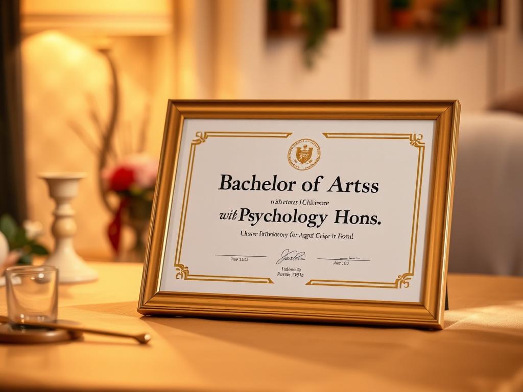 A realistic high-resolution photo depicting a diploma or award certificate featuring the text 'Bachelor of Arts with Psychology Hons.' The certificate should be elegantly framed, sitting on a soft, golden-hued table. The background should be a serene, softly-lit environment, possibly with subtle greenery or an inviting, cozy atmosphere that enhances the feeling of achievement.