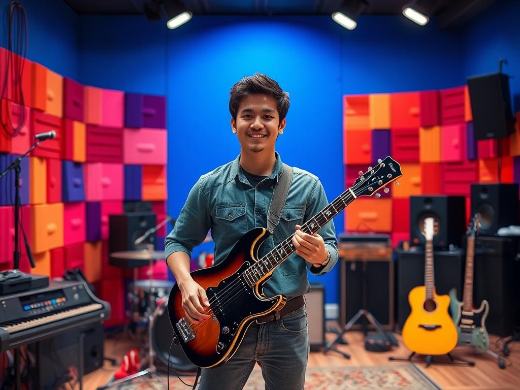 A young musician standing confidently in a vibrant studio, surrounded
