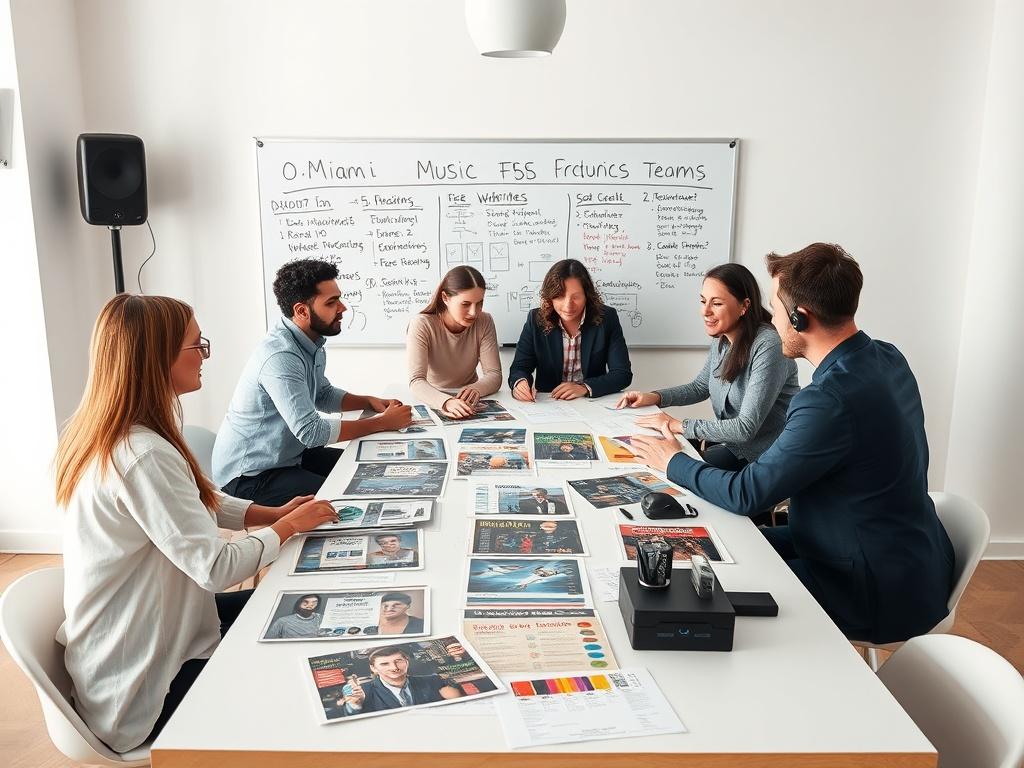 A creative team brainstorming around a table filled with music