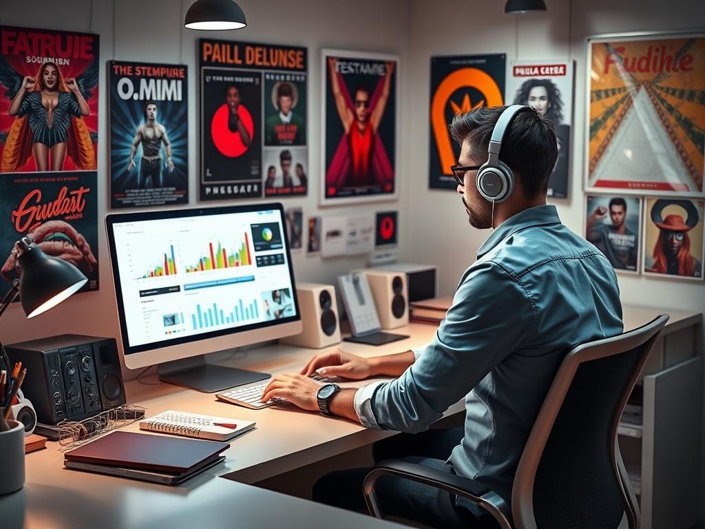 A dynamic social media manager at a desk, analyzing data